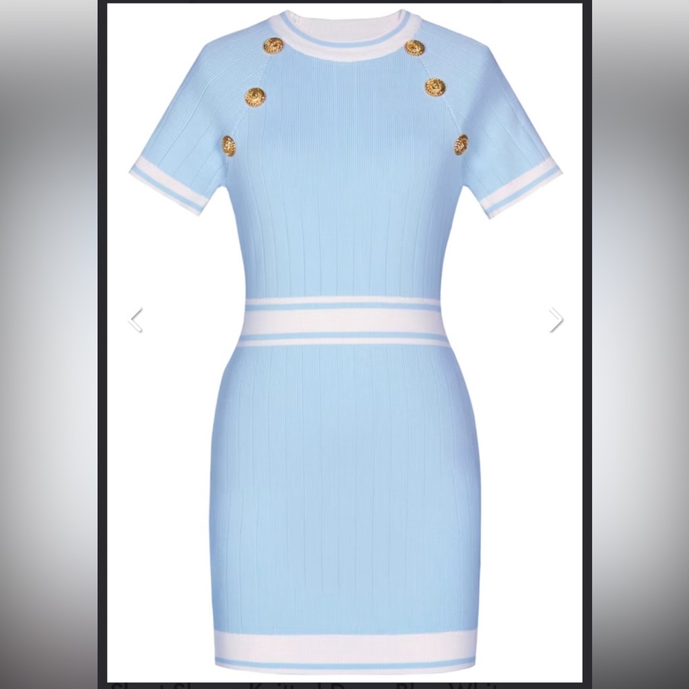 Blue and white knit button dress